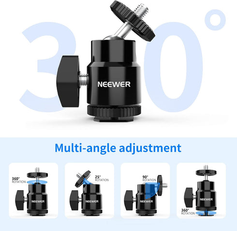 NEEWER Mini Ball Head with Cold Shoe & 1/4” Screw, 2 Pack, 360° Swivel 90° Tilt Ballhead Camera Mount Adapter