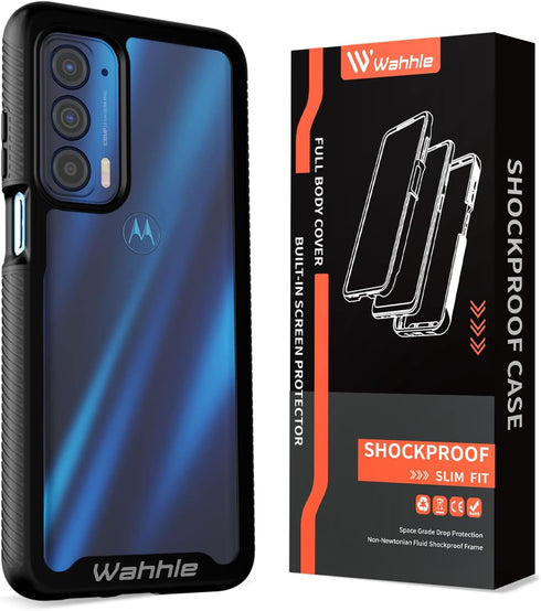 wahhle Motorola Edge 5G UW Case, Built-in Screen Protector, Full Body Shockproof Slim Fit Cover - Black/Clear