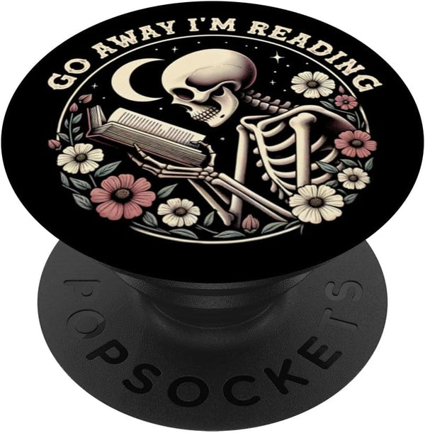 Go Away I'm Reading Funny Skeleton Read Book Under The Moon PopSockets Standard PopGrip