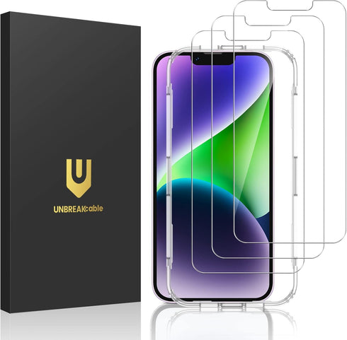 UNBREAKcable 3-Pack iPhone 14 Screen Protector, 9H Hardness, Shatterproof, HD Clear, Case Friendly, Easy Install Frame.