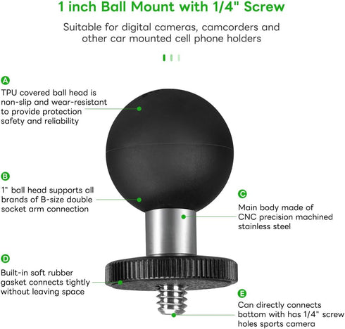 FANAUE GB-02 Aluminum 1" Ball Adapter, Compatible with RAM Mount B Size Double Socket Arm for Sports Camera