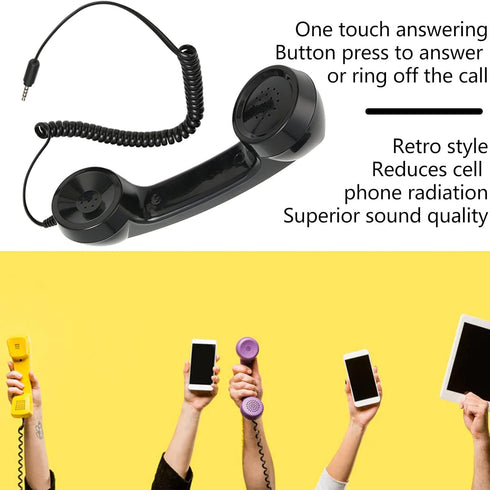 Retro Phone Handset, Vintage Retro 3.5Mm Telephone Handset Cell Phone Receiver, Radiation Proof Handheld Cell Phone Microphone for Mobile Phones Computers (Black)