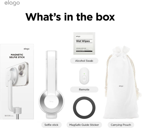 elago Magnetic Selfie Stick Tripod - White Compatible with MagSafe for iPhone and Galaxy, Portable, Lightweight,
