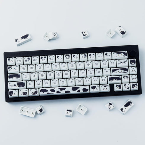 PBT Keycaps 135 Keys, Black and White Cat Cute Shape Keycaps Set, Dye-Sublimation Mao Profile for Mechanical Keyboards