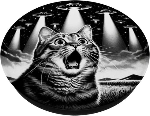 Cat UFO Funny Invasion Meme Retro Alien Selfie PopSockets Standard PopGrip