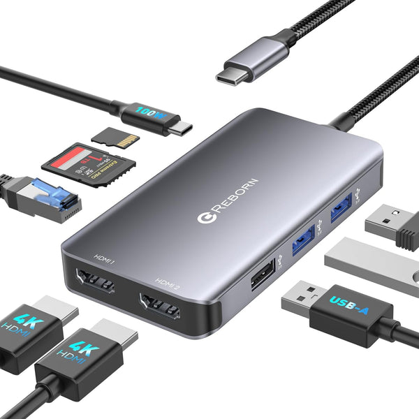 Reborn Laptop Docking Station Dual Monitor, 9-in-1 USB C Hub Dual Monitor with