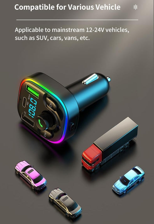 Bluetooth 5.3 FM Transmitter Car Adapter, Fast Charger with Hi-Fi Audio & Clear Calls, 7 Colors LED Backlit