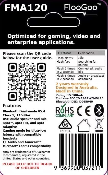 FMA120 Bluetooth V5.4 Dual-Mode Dongle, Supports aptX Lossless, Low Latency Gaming, Auracast, LE Audio