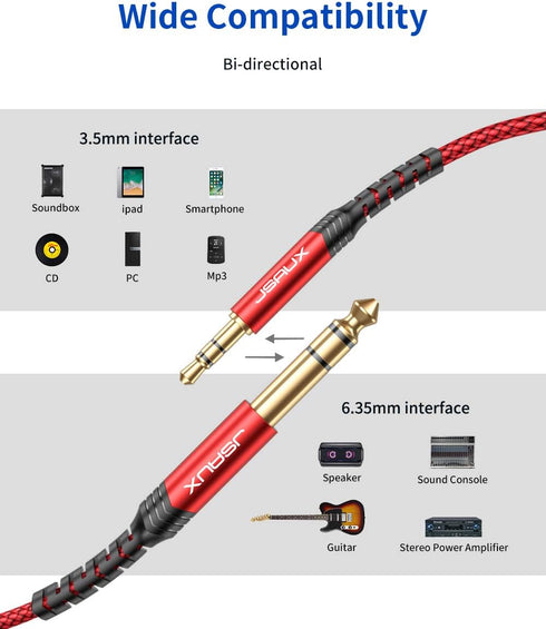 JSAUX 4FT Stereo Audio Cable, 6.35mm Male to 3.5mm Male TRS, Bidirectional for Guitar, iPod, Laptop, Speaker, Red
