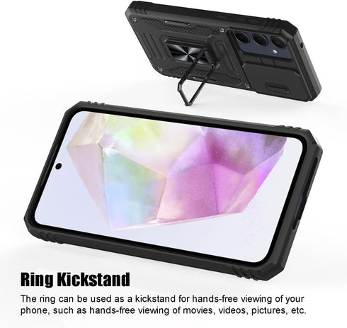 Samsung Galaxy A35 5G Case, Shockproof with Sliding Camera Cover & Ring Holder Kickstand, Black