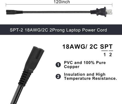 TV Power Cord - 10FT 2 Prong Non-Polarized Plug NEMA 1-15P to C7 Figure 8 Replacement Supply Cord 2 Slot Compatible with PS4/Speaker/Monitor (Black-18AWG)