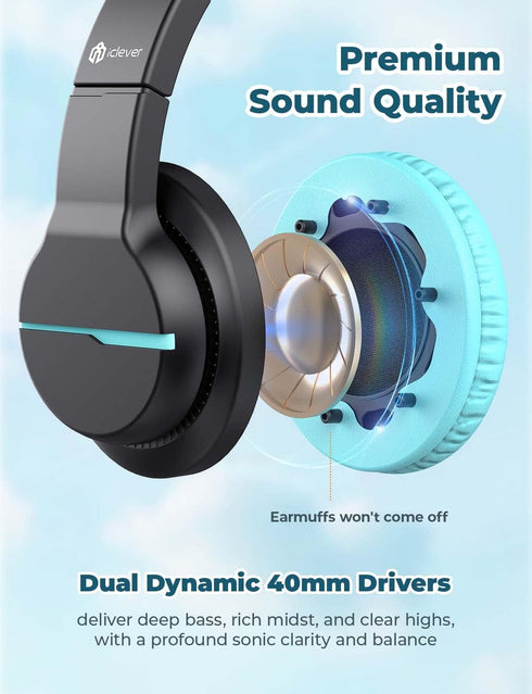 iClever HS19 Kids Headphones - Over-Ear, Volume Limiter 85/94dB, Foldable, Shareport, Wired for iPad/Travel (Black)