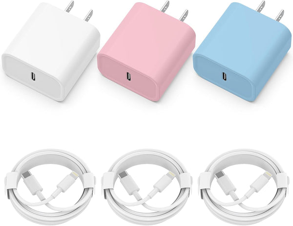 Phone Charger, 3 Pack 20W PD USB C Wall Fast Charger Adapter with 3 Pack 6FT Type C Cable