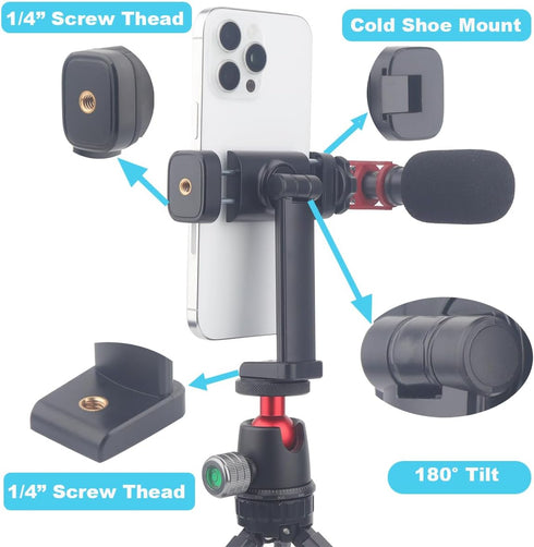 Rigdance 2PCS Pack-Phone 1/4" 360 180 Tripod Mount with Screw Thread, Rotate Tilt Phone Holder Adapter for iPhone