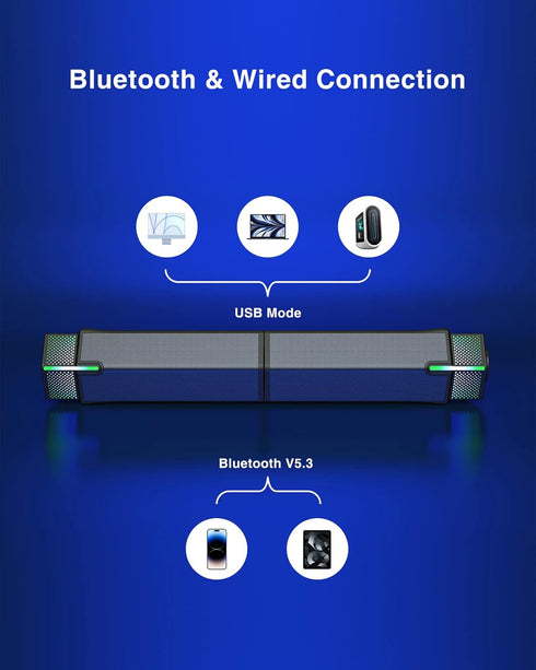 Jeecoo M20 Bluetooth Computer Speakers for PC, Wired USB-Powered Sound Bar, Superb Stereo Sound, Gradient LED