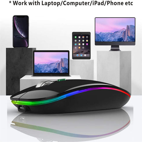 TENMOS Wireless Bluetooth Mouse, LED Slim (Bluetooth 5.1 + USB) 2.4GHz Rechargeable Silent Mouse with Type C Adapter,