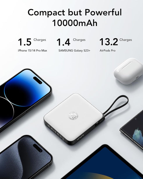 VRURC Portable Charger with Built-in Cables, 10000mAh Battery Pack PD 20W for iPhone, 22.5W USB C Travel Power Bank