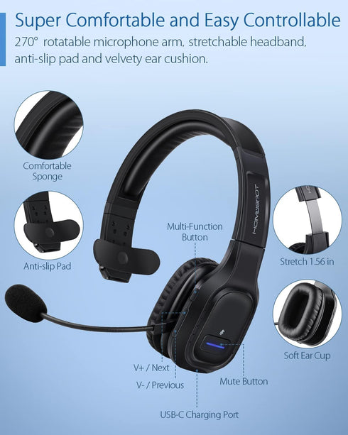 HomeSpot JM100 Trucker Bluetooth Headset with AI Noise Canceling, Wireless Headset with Rotatable Microphone and Big