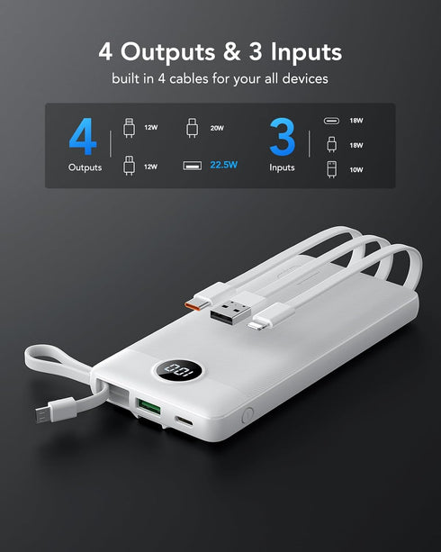 VRURC Portable Charger Fast Charging, 22.5W 10000mAh Power Bank, USB C Built-in Cable, LED Display Slim Charging Bank,