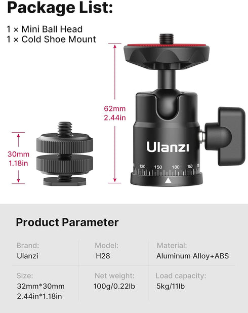 Mini Ball Head, ULANZI H28 Panoramic Tripod Head + Dual Hot Shoe Mount DSLR Camera Adapter