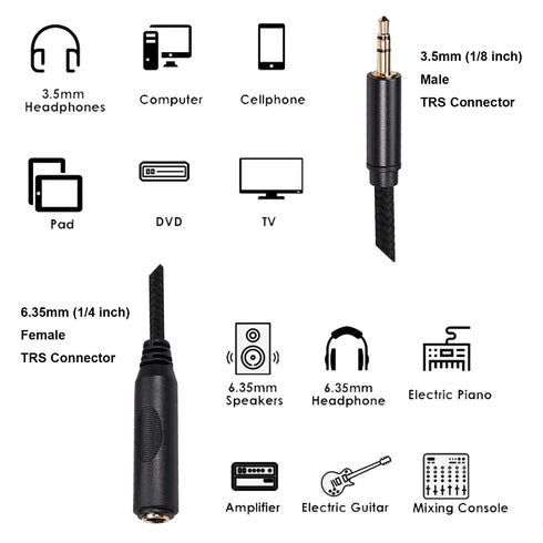 1ft 1/4 to 3.5mm Cable, Quarter inch (6.35mm) Female to 3.5mm Male Adapter, 2-Pack Nylon Braided Cable