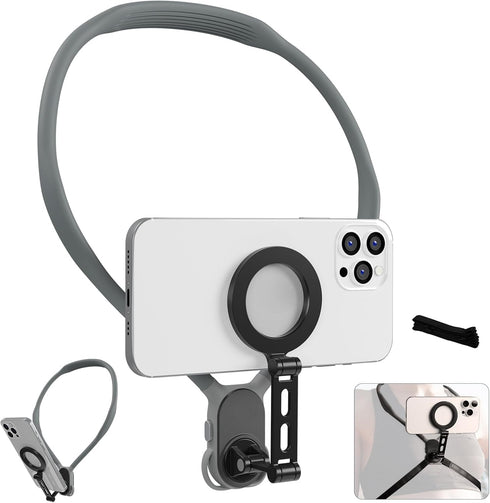 Neck Mount Phone Holder for Hands-Free Recording with Chest Strap for iPhone Android Phones (Gray)