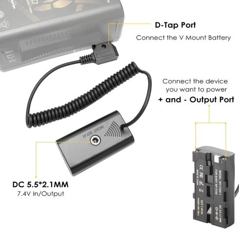 ZALUNERO NP-F970 Dummy NP-F550/770/570 D-Tap to Battery Coiled Power Cable Compatible with Sony Power Panel Light