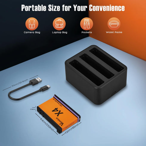 Vemico 360 X4 Batteries Charger Kit, 2500mAh Replacement X4 Batteries and USB-C 3-Channel Charger Hub
