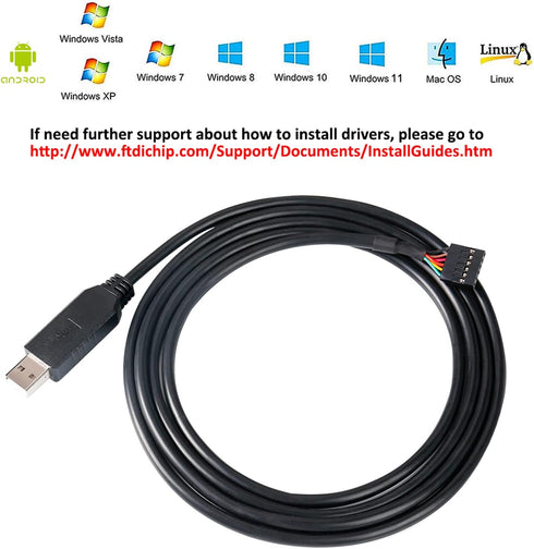 DTech USB to TTL Serial 5V Adapter Cable with FTDI FT232RL Chip, 6 Pin 0.1 inch Pitch Female Socket Header for Windows