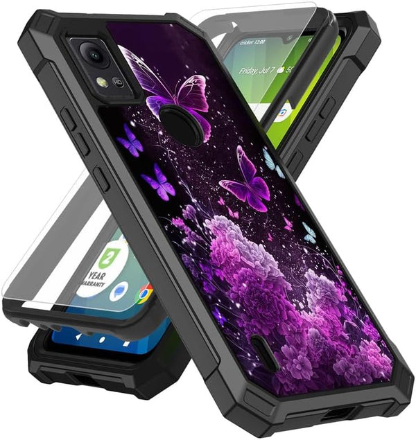 Cricket Icon 5/att Motivate 4 Phone Case with Screen Protector, Slim TPU Rugged Bumper, Purple Butterflies