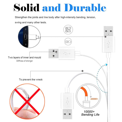 10FT Fast Charge Micro USB Cable - White USB to Micro USB for Samsung Galaxy S7, S6 Edge, LG, Kindle Fire.