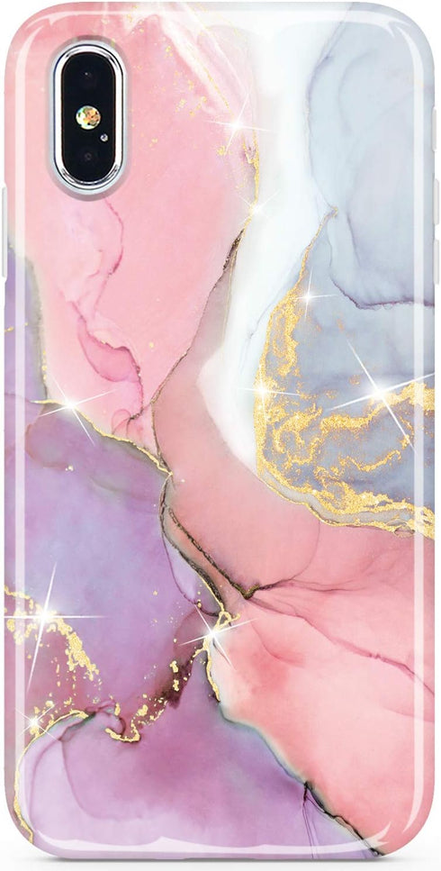JIAXIUFEN Compatible iPhone X iPhone Xs Case, Gold Sparkle Glitter Marble Slim Shockproof TPU Cover, Pink Purple.