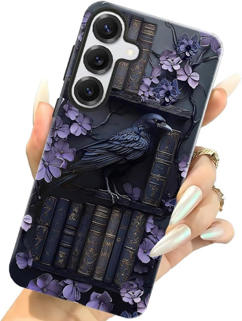 TnXee S25 2 1 Case for Samsung Galaxy Plus,Purple Floral Crow Bookshelf Phone Case Drop Resistant Glossy in Solid