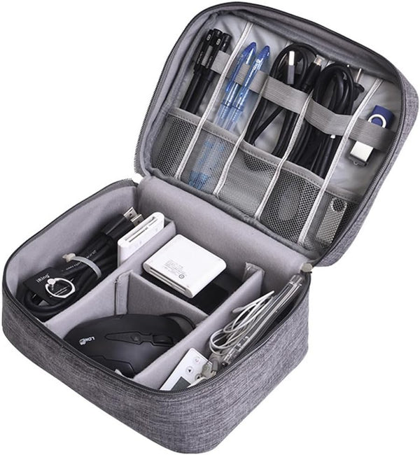 Water-repellent Cable Organizer Travel Case, Electronic Accessory Bag with Removable Dividers (Grey)
