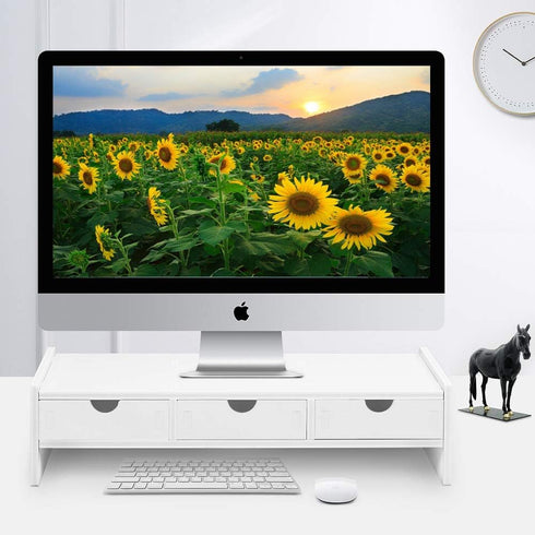 VALEN White Monitor Stand Riser, Computer Laptop Riser Shelf with 3 Organizer Drawers (19.5" L x 7.5" W x 4.7" H)