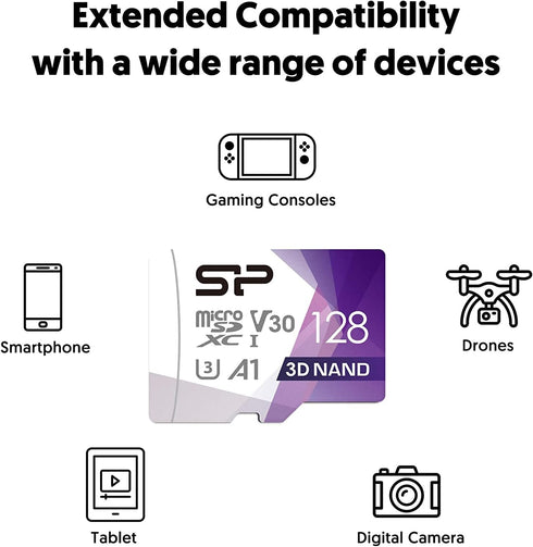 Silicon Power 128GB Micro SD Card U3 SDXC, Up to 100MB/s High Speed Memory Card for Cams and Drones