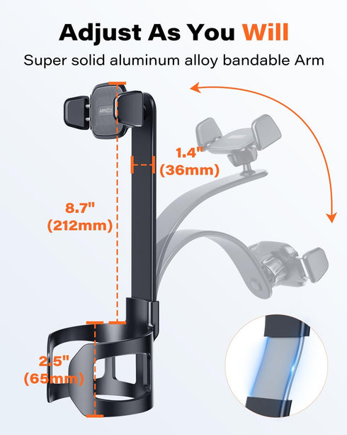 APPS2Car Cup Holder Phone Holder Mount for Car, 2-in-1 Fast-Squeeze Installation, Adjustable Height One-Hand Operation