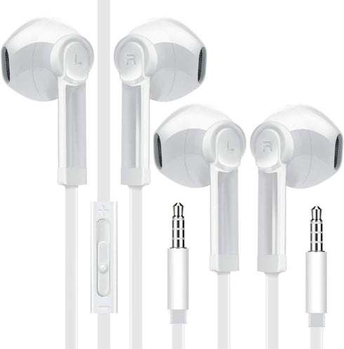 2-Pack White 3.5mm Headset with Microphone, Volume Control & Call Button for PCs, Tablets, Cell Phones, Office & Home.
