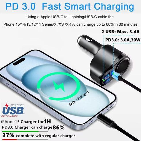 4 in 1 USB C Car Charger, 168W Multi USB Cigarette Lighter Adapter, Socket Splitter with 3 USB Ports, 12V/24V Dual USB Type C PD Fast Car Charger Adapter for iPhone 15 Pro Max 14 13,iPad,Samsung,GPS