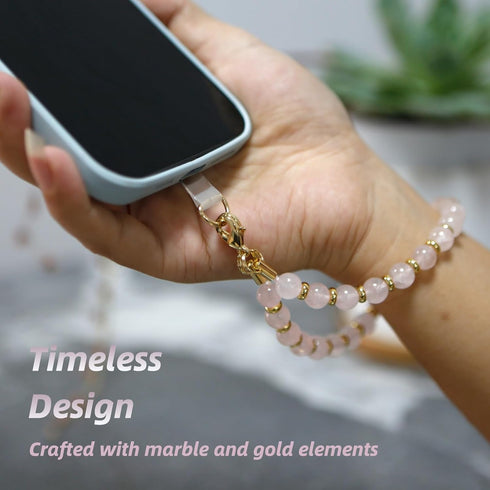 Rose Quartz Marble Beaded Phone Wristlet Strap - Detachable & Hands-Free
