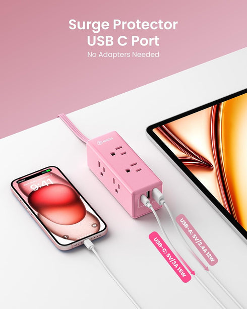 HONIZER 10ft 6 3 (1 Pink Extension Cord, Power Strip Flat Cord, Outlets & USB Ports USB-C), Cute,Wall Mount for Home