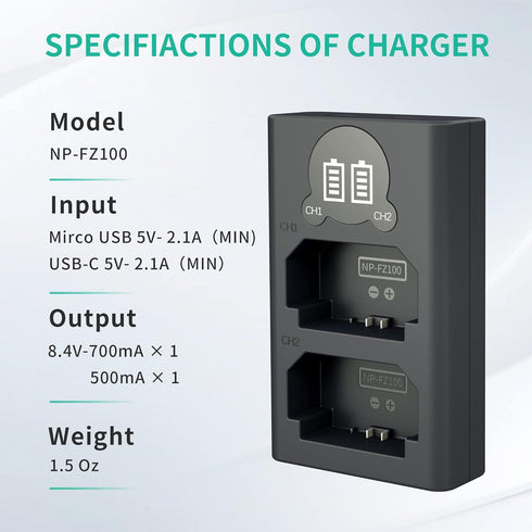 NP-FZ100 Camera Battery Charger, LP Dual USB Charger with LCD Display for Sony A6600, A9, A7 Series Cameras