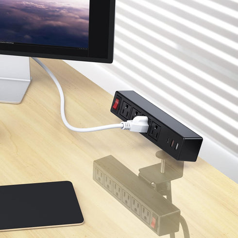 VILONG Desk Clamp Power Strip, PD20W USB-C, 2 in 1 Dual Layer Under Desk Power Socket with 10AC Outlets