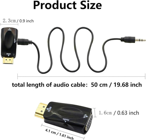 HDMI to VGA Adapter Converter with 3.5mm Audio Jack Cable, 50cm VGA Female to HDMI Male Gold Plated for Projector