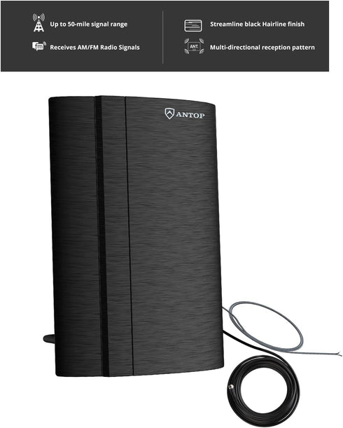 ANTOP 50 FM Antenna, Low Noise Amplified Digital AM/FM Indoor Radio Antenna, Suitable for Home Stereo Receivers, Miles