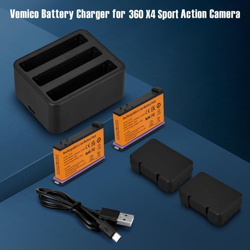 Vemico 360 X4 Batteries Charger Kit, 2500mAh Replacement X4 Batteries and USB-C 3-Channel Charger Hub