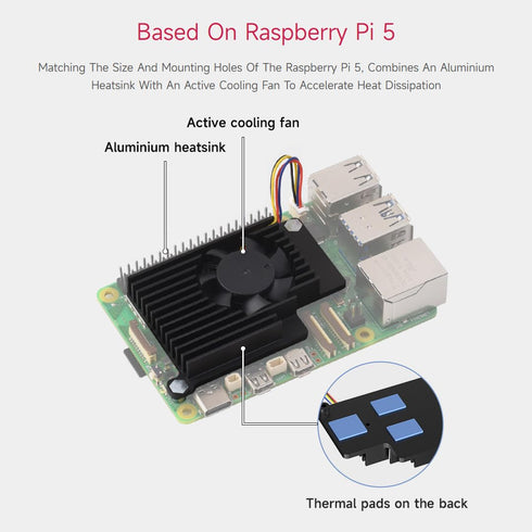 Waveshare Active Cooler Fan with Thermal Pads, Aluminium Heatsink, Compatible with Raspberry Pi 5