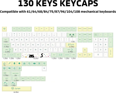 Hyekit PBT Keycaps, 130 Keys, Cute Cat Keycaps, Dye-Sublimation, XDA Profile Custom Keycaps for Cherry Gateron MX