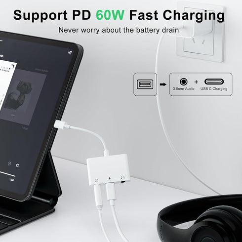 iPad Headphone Adapter, Headphone Splitter for 2 Headphones, 3 in 1 USB C to 3.5mm Jack Audio Adapter with Charging