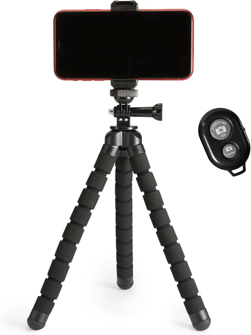 Amazon Basics Portable and Flexible Tripod with Wireless Remote and Smartphone Clamp, 10-inch, Black